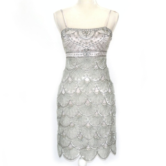 SUE WONG Silver Beaded Scalloped Cocktail Dress - Picture 2 of 8